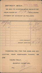 Murphy Chair Co. Payment Acknowledgment Detroit MI 1905 Postcard