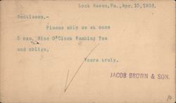 Jacob Brown & Son Order for Nine O'Clock Washing Tea, Lock Haven, PA Postcard