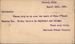 National Grocer Company Order for Nine O'Clock Washing Tea Postcard