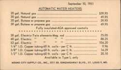 Mound City Supply Co. Automatic Water Heaters Price List, St. Louis MO 1951 Postcard