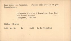 Lafayette Plating & Enameling Co. Inc. Order Finished Notification, IN Postcard