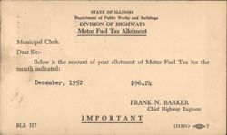 Illinois Motor Fuel Tax Allotment, December 1952 Postcard