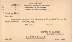 Illinois Motor Fuel Tax Allotment Notice January 1953 Postcard