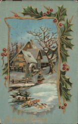 Winter Village Scene with Watermill and Holly Border, A Merry Christmas Postcard