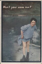Woman in water holding skirt, 'Won't you save me?' Postcard
