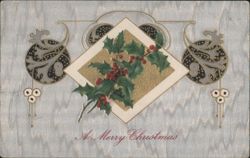Holly Branch with Red Berries and Gold Art Nouveau Design, A Merry Christmas Postcard
