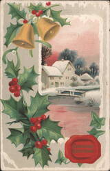 Christmas Bells, Holly, and Snowy Village with River Postcard