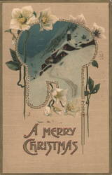 A Merry Christmas Winter Scene with Hellebore Flowers & Art Nouveau Border Postcard