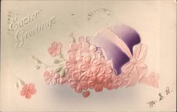 Easter Greetings Embossed Hat and Pink Flowers Postcard