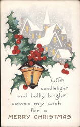 Merry Christmas Holly, Candlelight, and Snowy Village Scene Postcard
