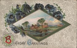 Birthday Greetings with Pansies and Landscape Scene Postcard