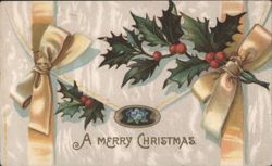 A Merry Christmas with Holly and Ribbons Postcard