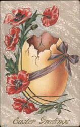 Easter Greetings Cracked Egg with Red Poppies and Purple Ribbon Postcard