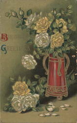 Birthday Greetings with Yellow and White Roses in Red Vase Postcard