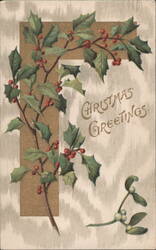 Christmas Greetings with Holly and Mistletoe, 1908 Postcard