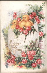 Easter Offering with Chicks in Eggshell and Red Roses Postcard