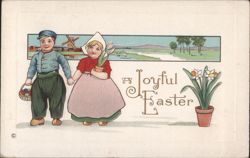 A Joyful Easter: Dutch Children with Eggs, Tulips, and Windmill Postcard