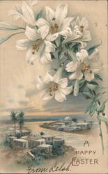 White Lilies, Palm Trees & River Landscape, "A Happy Easter" Greeting Postcard
