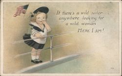 Little Girl in Sailor Suit with American Flag, 'Here I Am' Comic Quote Postcard