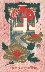 A Merry Christmas Village Scene with Holly and Golden Flowers Postcard