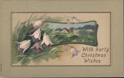 Christmas Wishes with Bellflowers and Rural Landscape Postcard