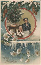 Merry Christmas Praying Mother and Child with Christmas Tree, Daisies, and Snow Postcard