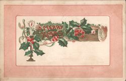 A Merry Xmas with Holly, Berries, Candle, and Log Postcard