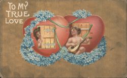 Cherubs in Intertwined Hearts with Flowers, 'TO MY TRUE LOVE' Valentine Postcard