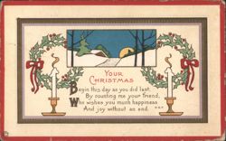 Your Christmas Greeting with Winter Scene, Holly Wreaths & Candles Postcard
