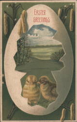 Easter Greetings Egg with Chicks, Landscape, and Pussy Willows Postcard
