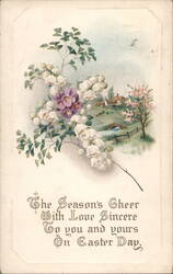 Easter Greeting with Flowers and Village Scene, 'The Season's Cheer' Postcard