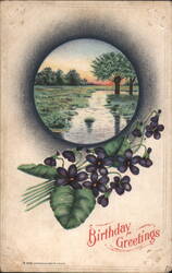 Birthday Greetings with Violets and Sunset Landscape Vignette Postcard