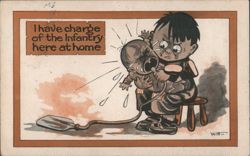 1918 WWI Comic Postcard WMT Man Crying Baby Infantry at Home Postcard