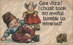 Gee Vizz! Dutch Children Tumble with Roller Skates, Comic Postcard
