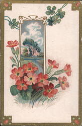 Red Flowers & Shamrocks with Landscape Panel Postcard