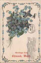 Greetings from Chinook, Washington, Blue and Purple Flowers Bouquet Postcard