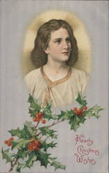 Young Jesus Christ with Halo and Holly, Hearty Christmas Wishes Postcard