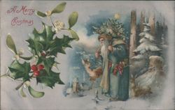 A Merry Christmas Santa Claus with Deer and Christmas Tree Postcard