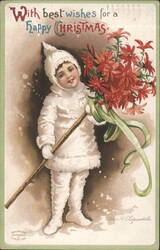 Child in White with Red Flowers, Happy Christmas Greeting Postcard
