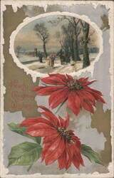 Christmas Poinsettias and Snowy Winter Scene with Hearty Christmas Wishes Postcard
