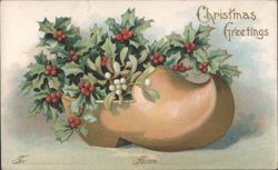 Christmas Greetings Holly Mistletoe Wooden Shoe Postcard