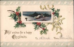 Christmas Greetings Winter Village Scene Holly Mistletoe Postcard