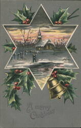 Winter Church Scene in Star Frame with Holly & Bell, A Merry Christmas Postcard