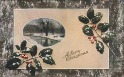 Winter River Scene with Holly and Berries, Merry Christmas Greeting Postcard