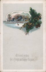 Winter Scene with Rabbit, Pine Branch, and Christmas Greeting Postcard