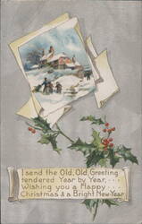 Christmas & New Year Greeting with Winter Scene, Children, and Holly Postcard