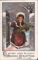 Girl in Red Coat Opening Gate in Snowy Christmas Scene Postcard