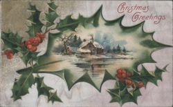 Christmas Greetings Winter Cabin Scene with Holly Postcard
