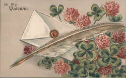 To My Valentine with Envelope, Quill, and Clovers Postcard