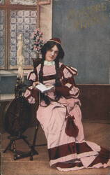 Woman in Period Dress Reading by Spinning Wheel, Sincere Wishes Postcard